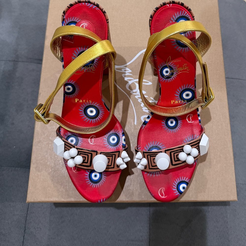 Genuine Louboutin Red Bottoms, Gold Metallic Straps,  Box & Shoe Bag incl
